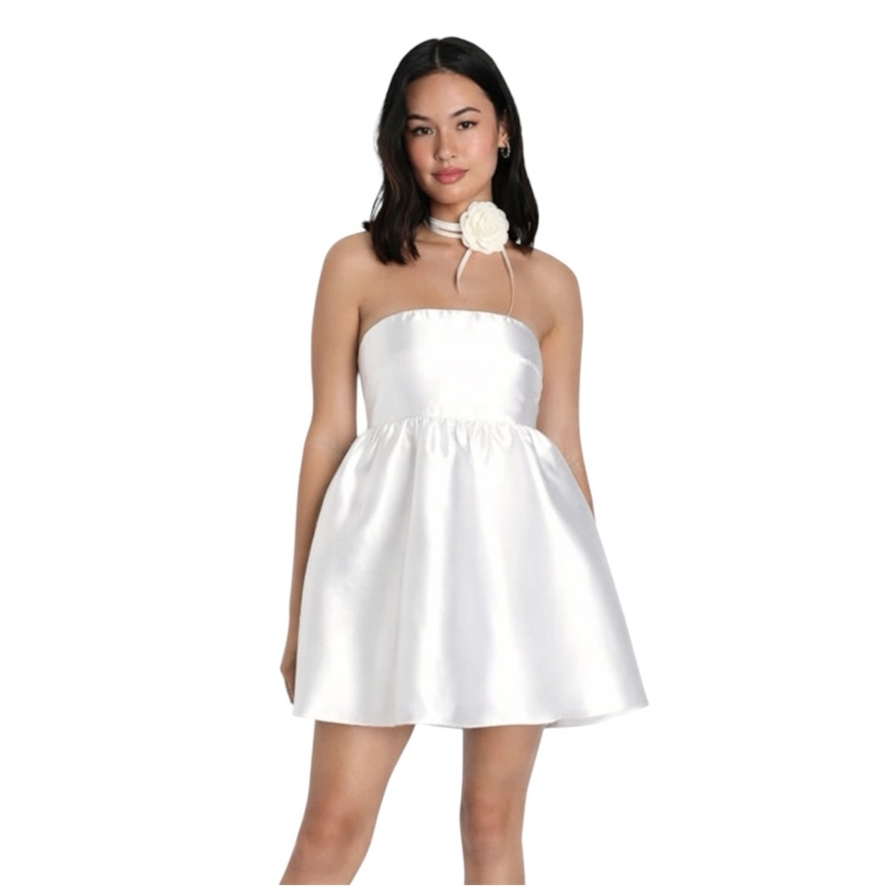 NWOT - Lulus Strapless Taffeta Tulle Shine White Bachelorette Mini Dress L Large